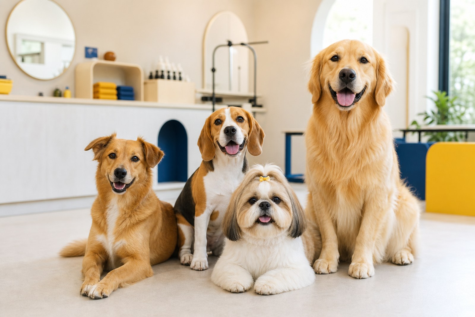 Golden retriever, beagle, shih-tzu e cachorro caramelo bem cuidados após o banho e tosa