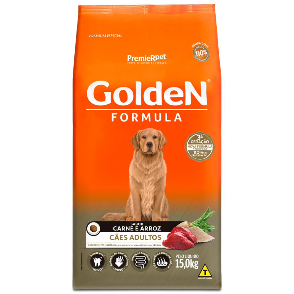 Embalagem da ração Golden para cães adultos sabor carne e arroz