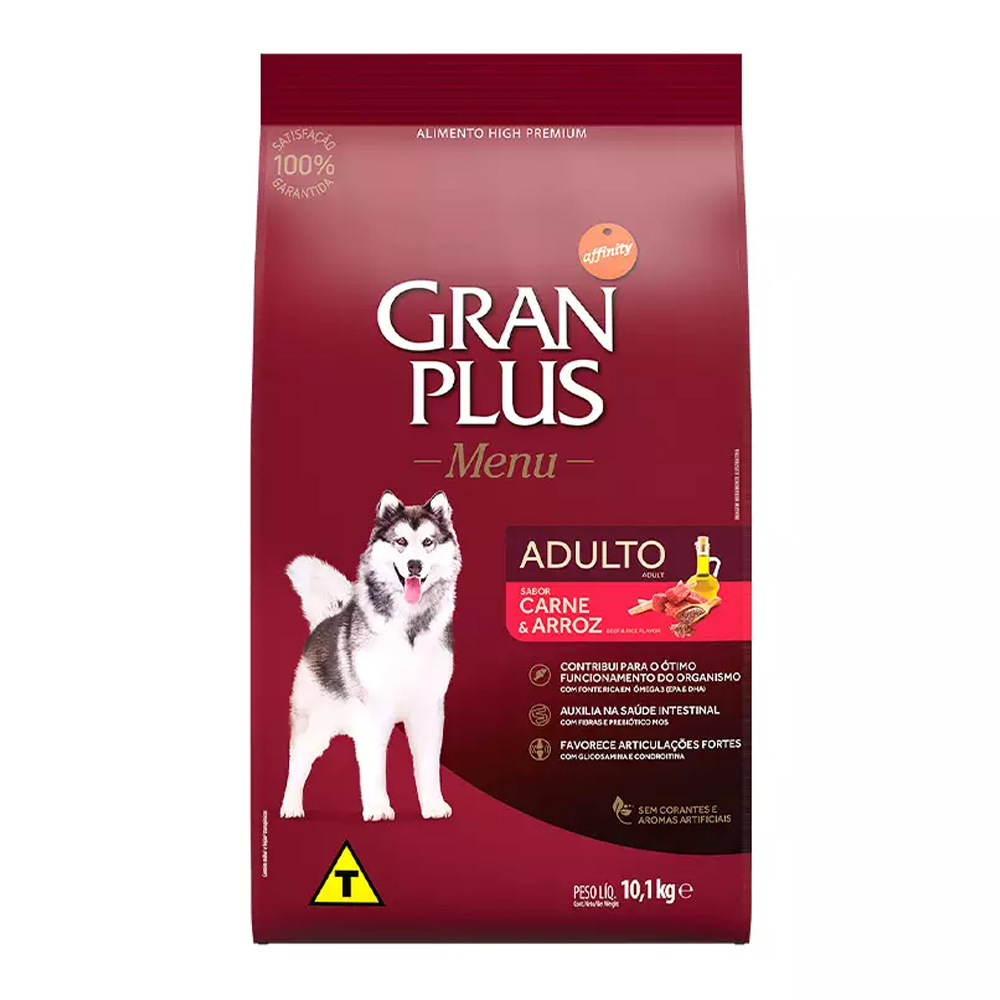 Embalagem da ração GranPlus Menu para cães adultos sabor carne e arroz