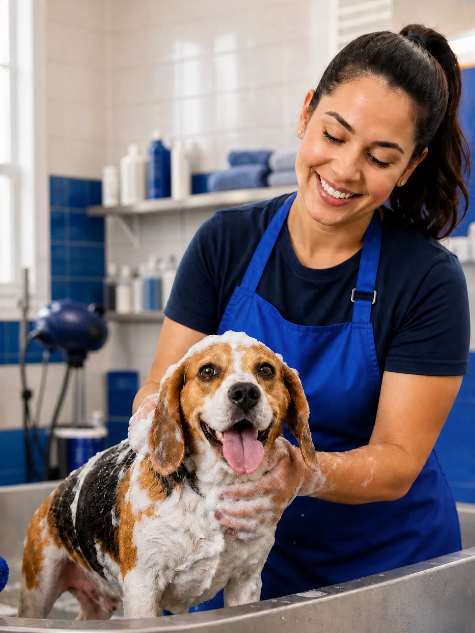 Profissional dando banho em um cachorro beagle